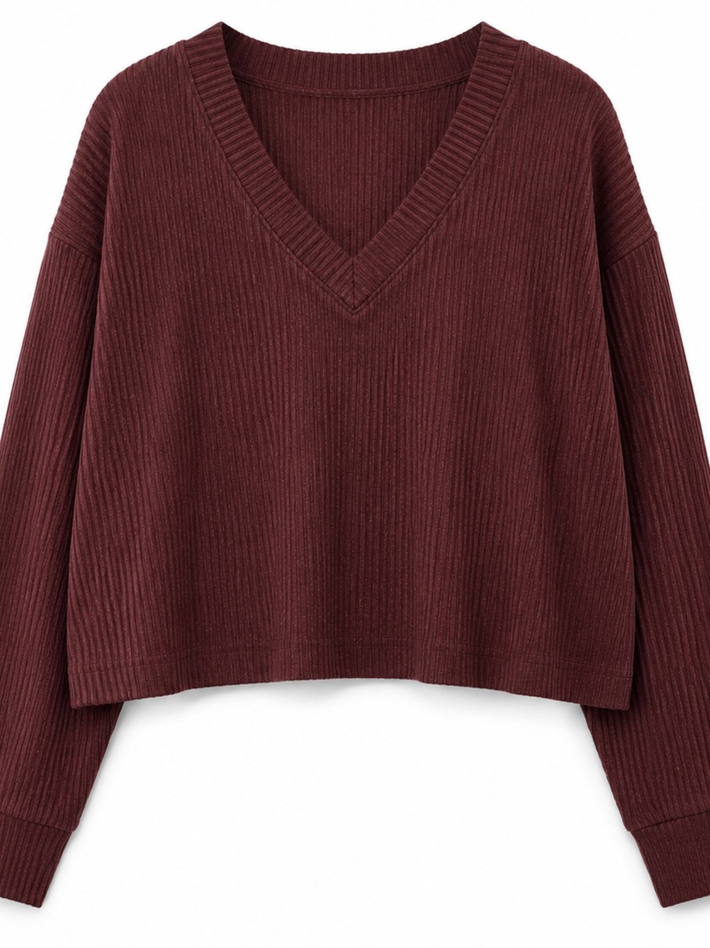 Alo Yoga Burgundy Ribbed V-Neck Cropped Long Sleeve Top